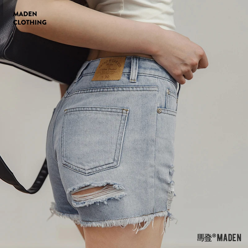 Maden Ripped Denim Shorts Women Summer Washed Do Old Beach Vacation Pants Non-stretch Casual Jeans Shorts Female High Streetwear