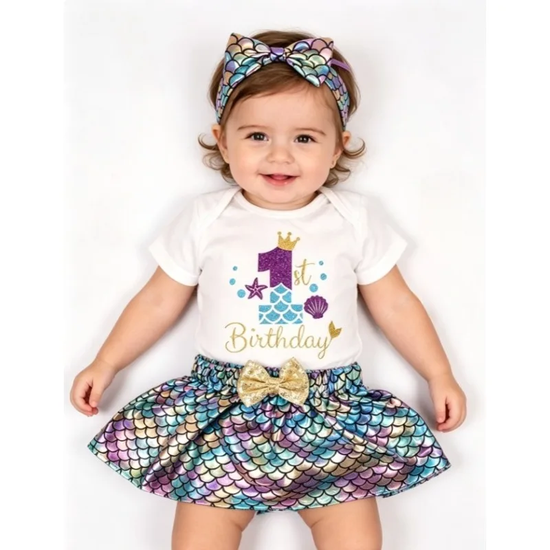 

Kids Colorful Scale Mermaid Style 3Pcs Cotton Baby Summer Short Sleeve Outfit Birthday Skirt Cake Smash Party Beach Photo Shoot