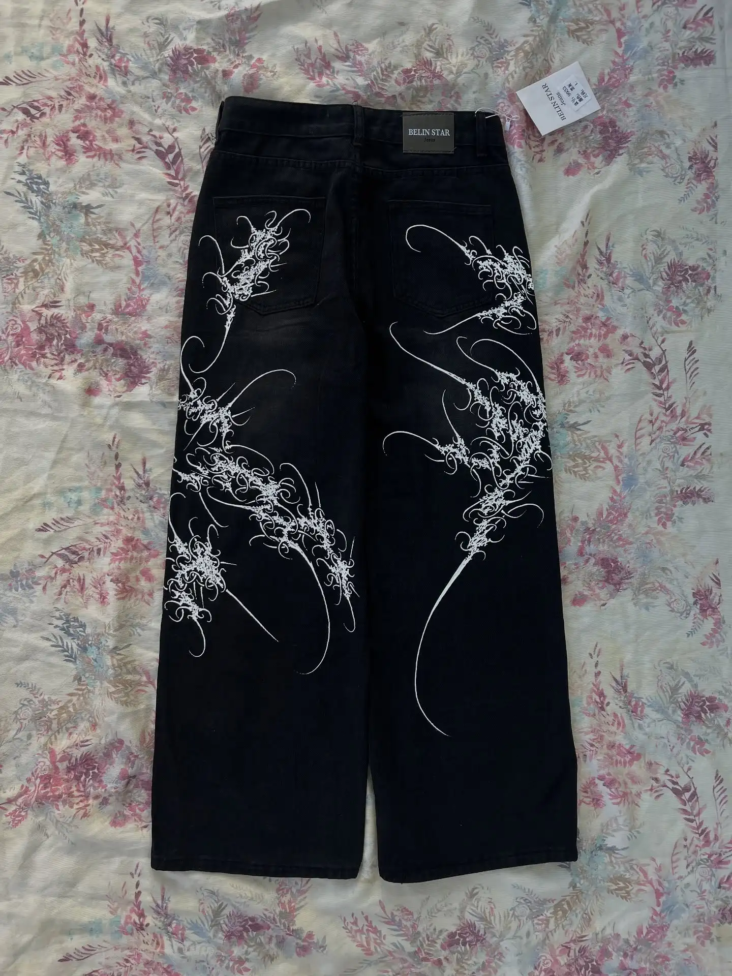 Calça jeans baggy preta com estampa de totem Y2K, tendência harajuku, moda hip hop masculina e feminina, casual, para casal, calça de perna larga, str