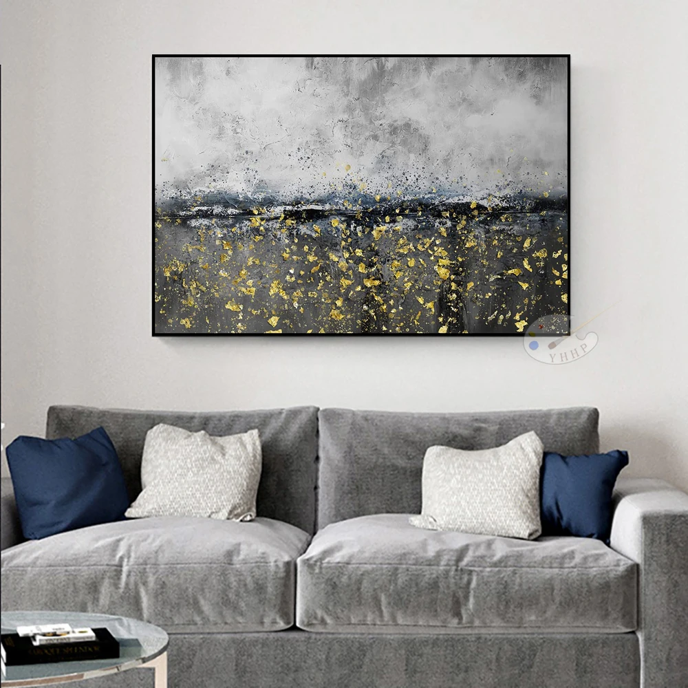 

Handmade Oil Painting on Canvas Wall Art Picture Decoration Modern Grey Gold Texture Abstract for Living Room Home Bedroom Decor