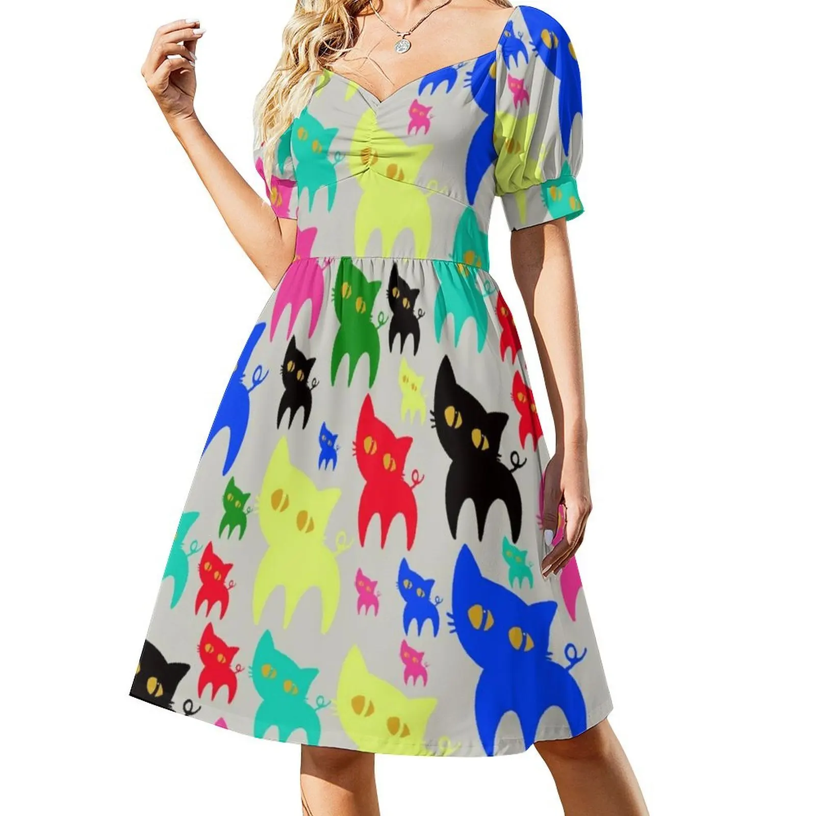 متعدد الألوان القطط البوهيمي فستان بلا أكمام متعدد طباعة شاطئ عطلة فستان الحفلات متعدد الألوان اللون القطط الكثير من النساء #2