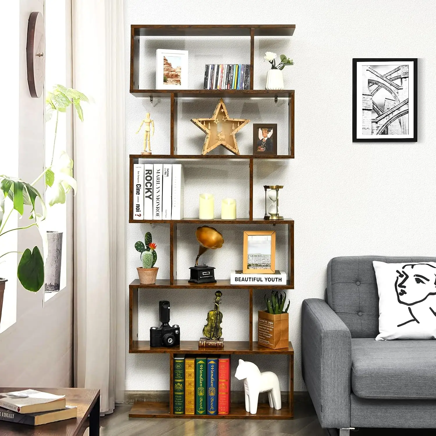 6 Tier S Shaped Bookshelf, 31.5''L x 9''W x 75''H, Wooden Bookcase and Bookshelves w/Anti-Toppling Device, Customized