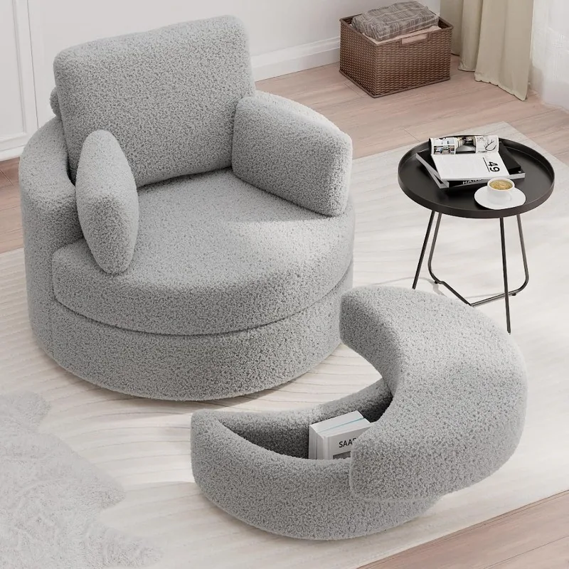 

Barrel Chair - Swivel Chair with Ottoman, 360° Single Swivel Chairs for Living Room (Beige)