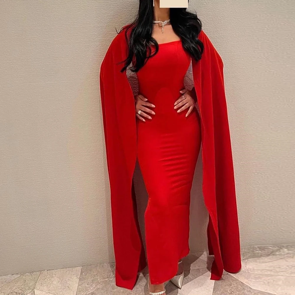 

Customized Jersey Straight Cap Sleeve Evening Dress Strapless Floor Length Sleeveless Red Watteau Train платье вечернее Luxury