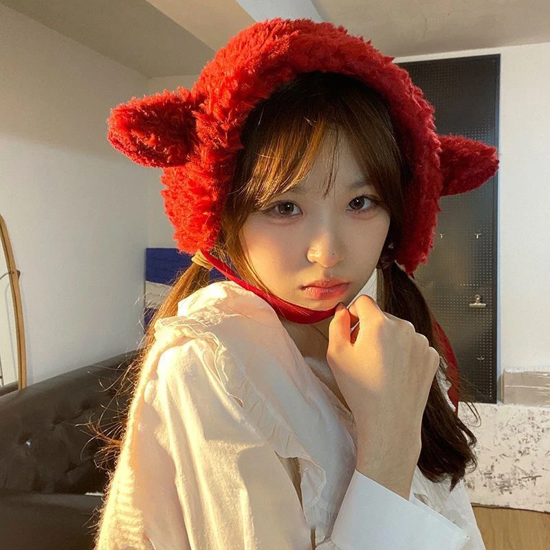 Orejeras japonesas con orejas de cachorro para mujer, gorro de felpa de otoño e invierno, diadema esponjosa, correas cálidas con astas, gorros con protección para los oídos