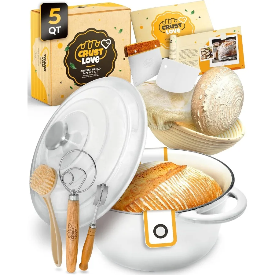 

Голландская печь для выпечки хлеба включает в себя корзину для расстойки хлеба Banneton 5QT Чугунная печь для хлеба с эмалированным покрытием и крышкой