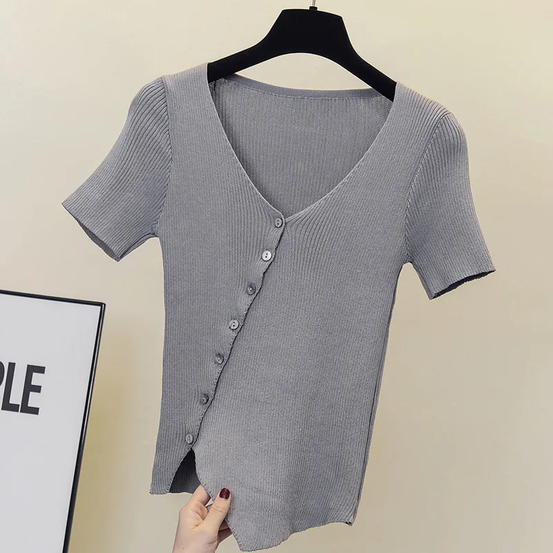 4XL size women solid kintting thin sweater pullover 2022 Summer short sleeve v neck slim Oversized sweater jumper top