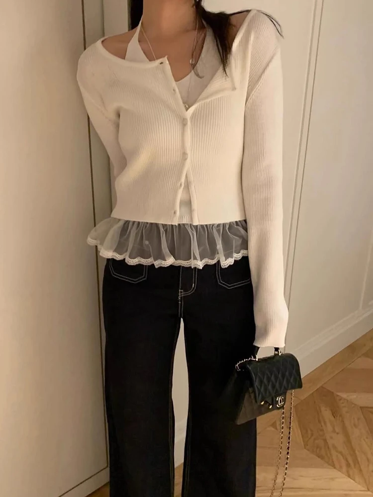 Conjunto de Moda con Diseño Único: Suéter Cárdigan Abierto de Punto con Tirantes Coles y Ribete de Encaje Otoñal Chic