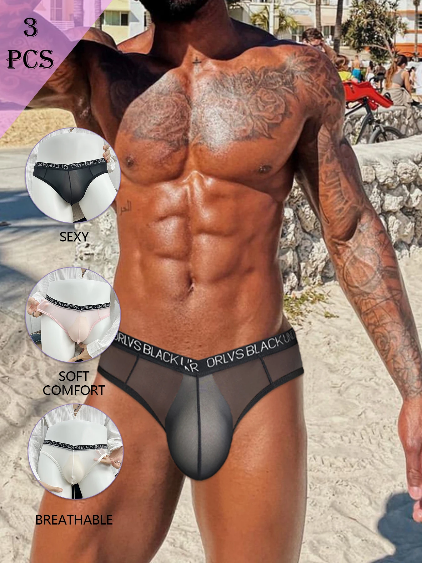 

3pcs Sexy Men's Briefs Ultra Thin Soft Sport Breathable See through Mesh Fashionable Underwear High Elastic Waistband Panties