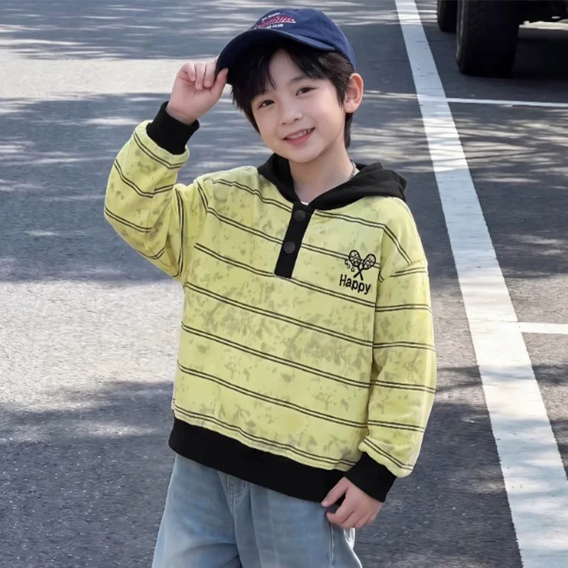 1-8 Years Boys Striped Hooded Sweatshirt Spring Autumn Kids Letter Embroidery Color Blocking Casual Pullover Top