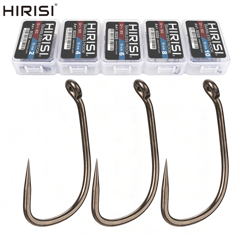 Hirisi 8028 50 Stück PTFE-beschichtete Angelhaken aus Hochkarbon-Edelstahl Rostfrei Scharfe Spitze mit Öse für Angelzubehör