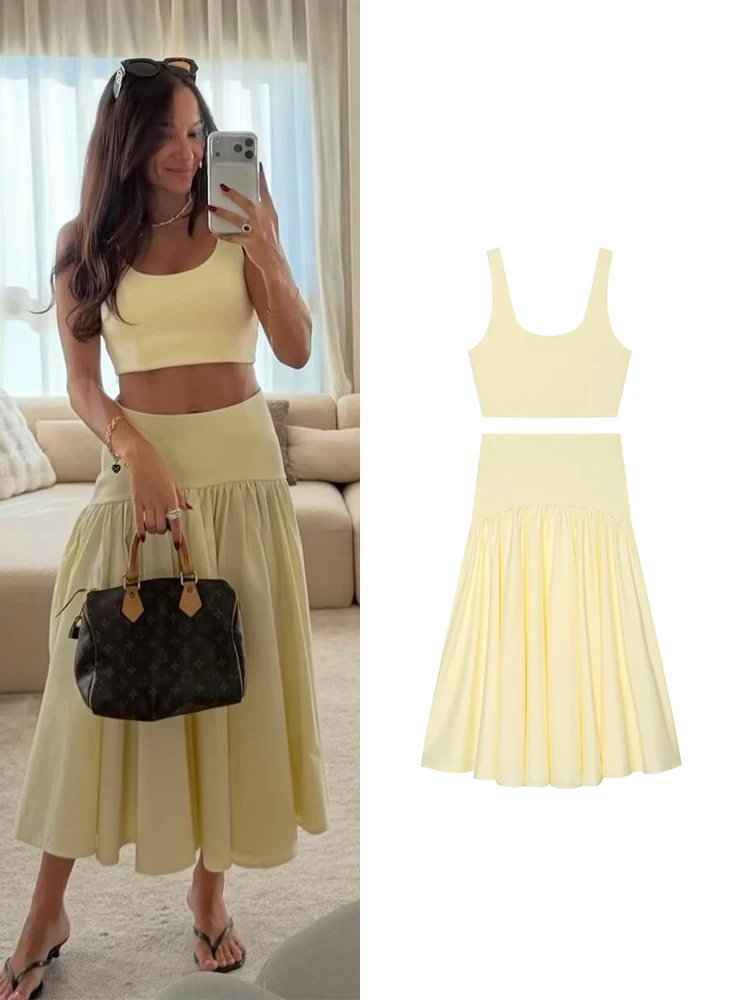 TFMLN Modisches Damen-Set mit einfarbigem eckigem Kragen, weitem Träger-Top und Midi-Rock, Urlaubsoutfit, Sommer, neues ärmelloses kurzes Top-Set