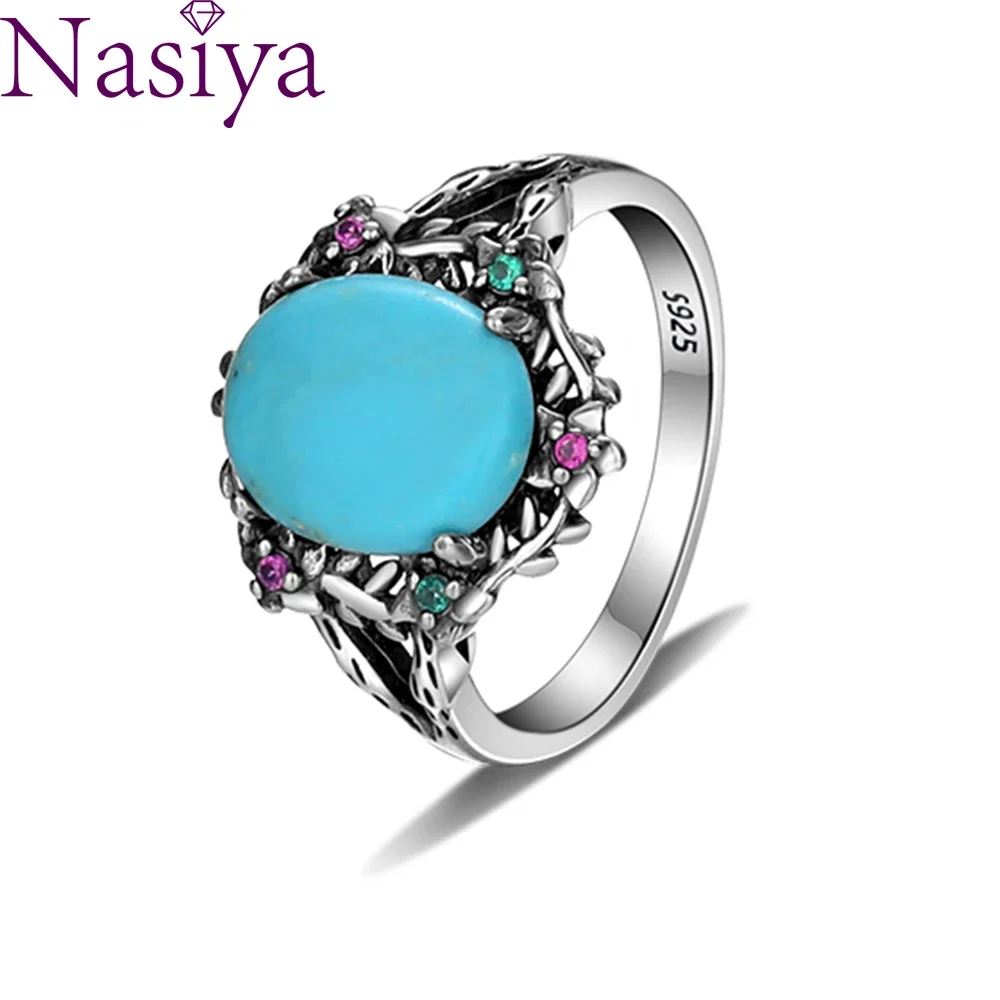 Silver Rings 9*11MM Natural Turquoise Ring Retro Leaves Flowers Shaped Inlaid Zircon Ring for Women Gift Fashion Wholesale