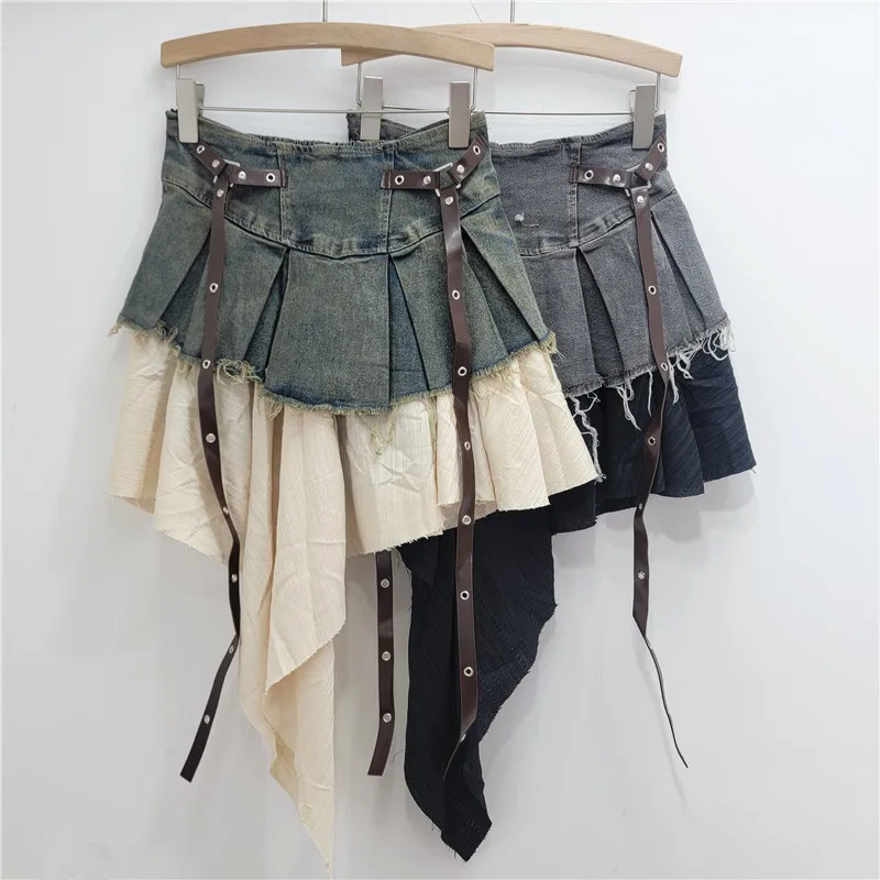 Vintage Denim Pleated Mini Skirt Women Irregular Patchwork Layered Skirt with Rivet Belt Y2K Streetwear Bottoms