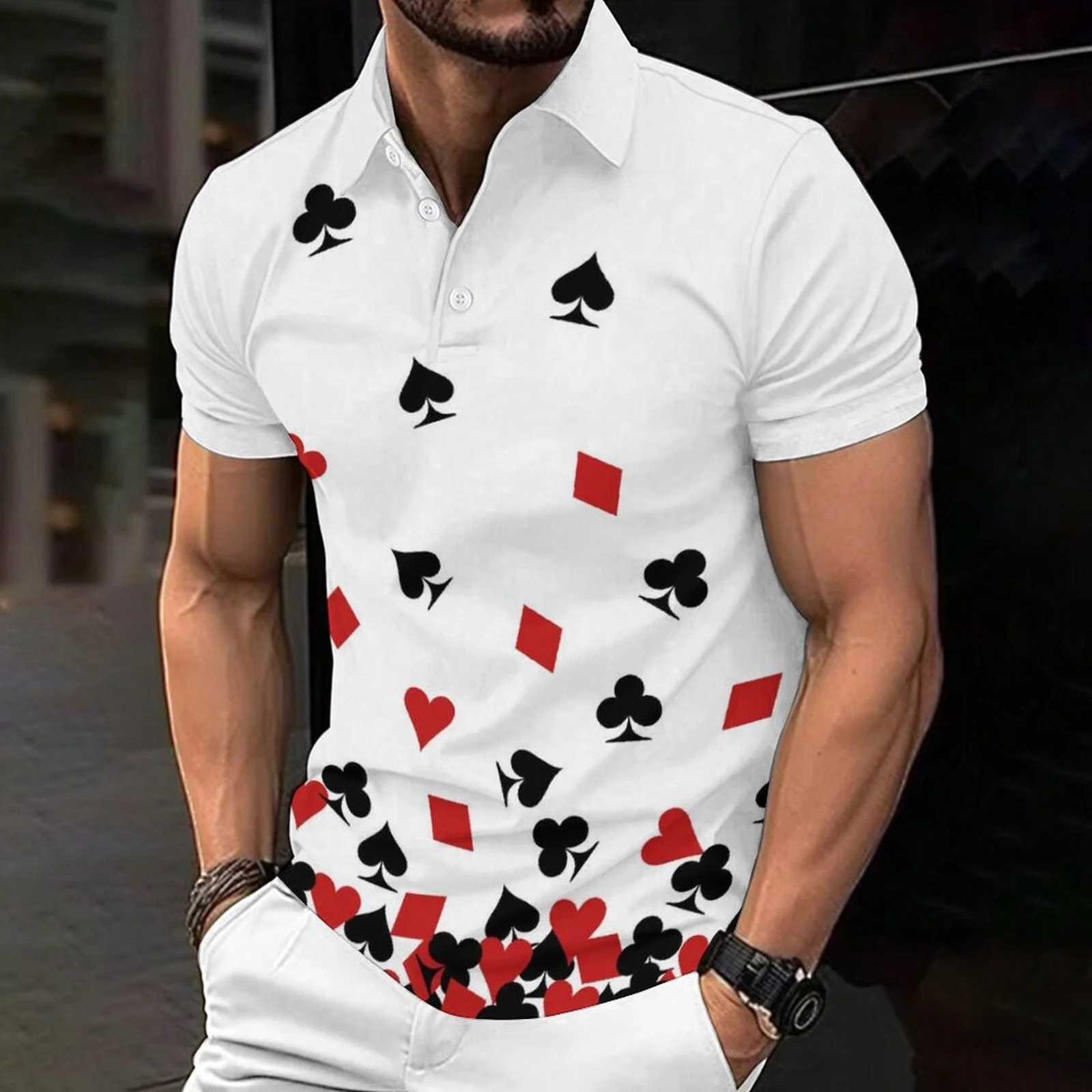 2024 New men's Polo shirt card poker star lapel 3D printed street daily short-sleeved 3D buckle clothing fashion