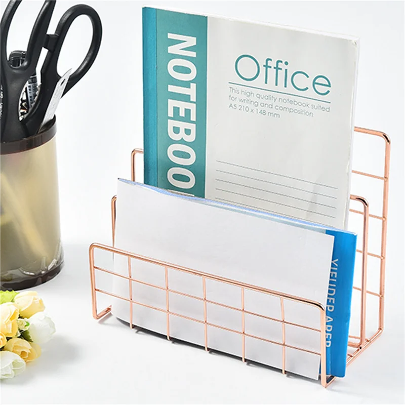 GROCE-3X Boekenplank Office Desktop Rose Gold Metal Boekenblok Drielaags Desktop Tijdschriftenplank Boekenhouder