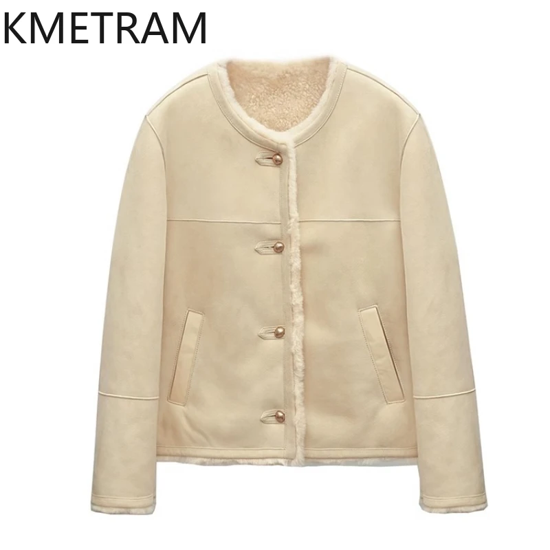 Kurtka damska z prawdziwego futra z owczej skóry merino, dwustronna, krótka, beżowa, naturalna wełna, odzież zimowa damska, futro 2025