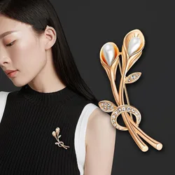 Rose Gold Silver Color CZ Crystal Flower Imitation Pearl Brooch for Women Gift Jewelry