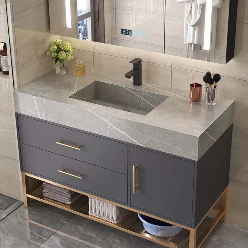 Stone Slab Integrated Basin Intelligent Floor-to-ceiling Bathroom Cabinet Combination Solid Wood Light Luxury Washbasin Toilet