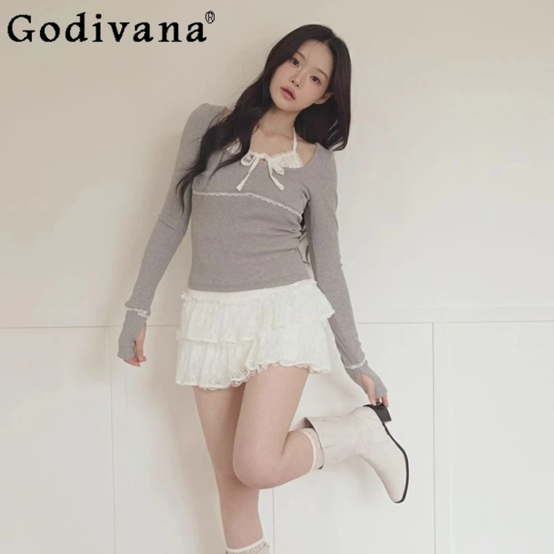

Japanese Sweet Lace Patchwork Fake Two-Piece Knitted T-Shirt Spring Autumn New Women's Slim Fit Elegant Knitted Pullover Tops