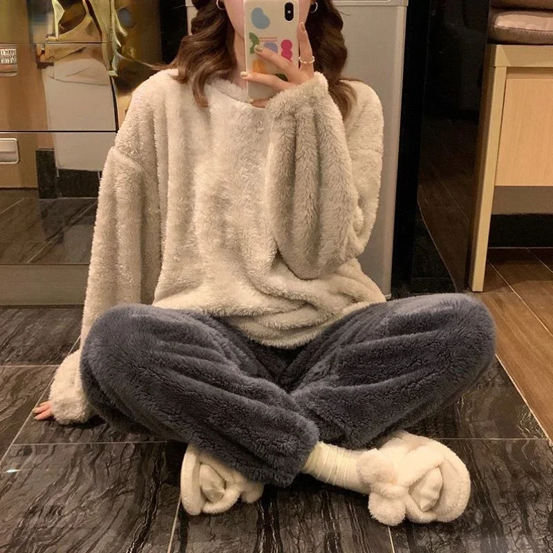 2024 Nieuwe Herfst Winter Pyjama Dames Koraal Fluwelen Loungewear Gewatteerde Effen Kleur Nachtkleding Pluche Student Warm Homewear Pak