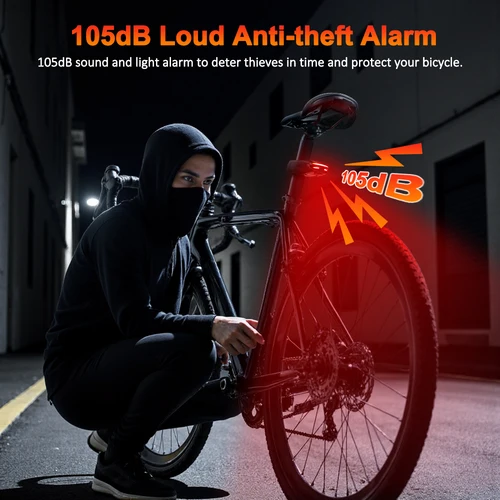 Imagen 2 del producto Contraseña de bicicleta alarma antirrobo luz trasera 105dB alarma antirrobo fuerte IPX6 impermeable 4 modos de iluminación luz de advertencia de freno de bicicleta