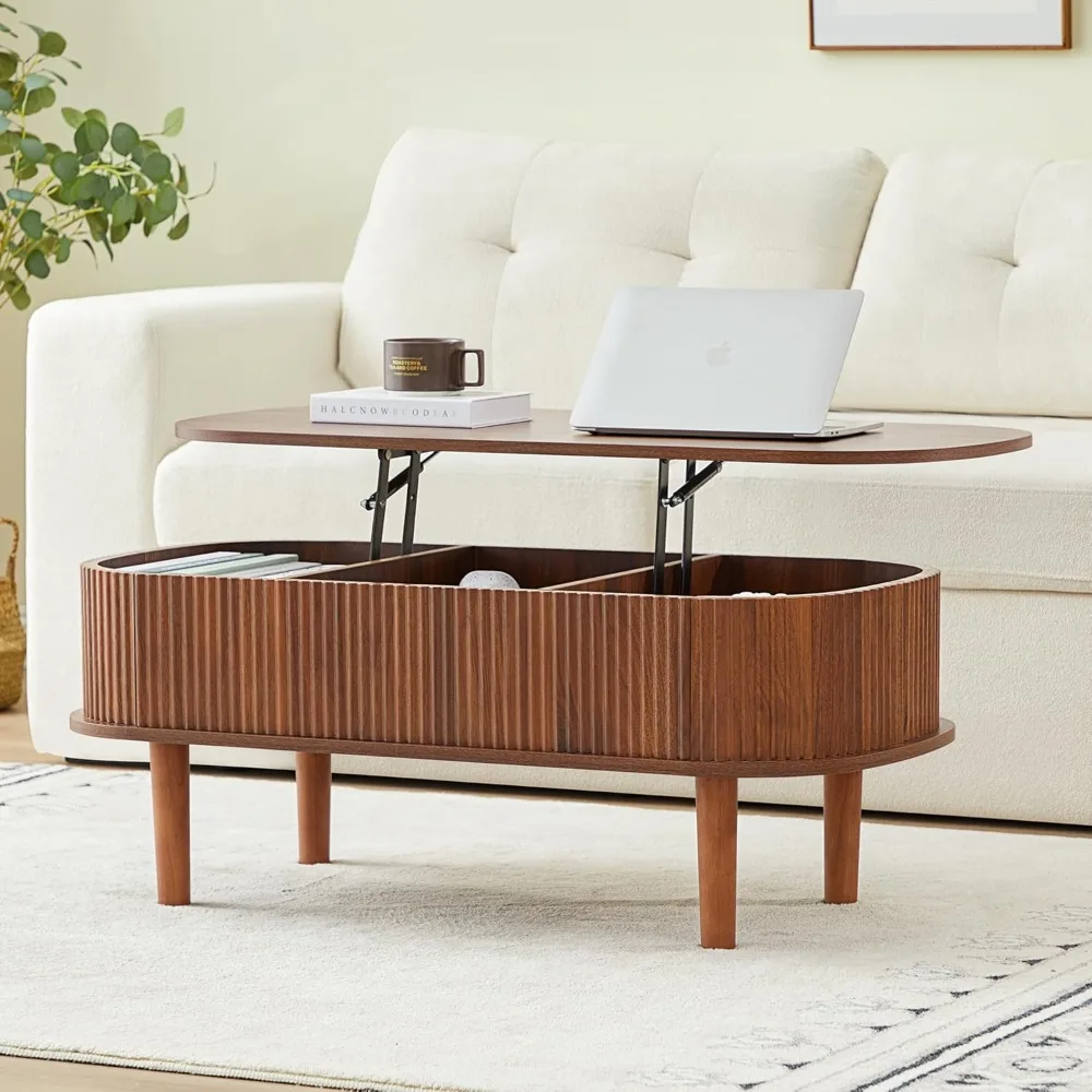 

Fluted Lift Top Coffee Table with Hidden Compartment, Fully Assembled Wooden Center Table, Modern Oval Lift Tabletop for Home Li