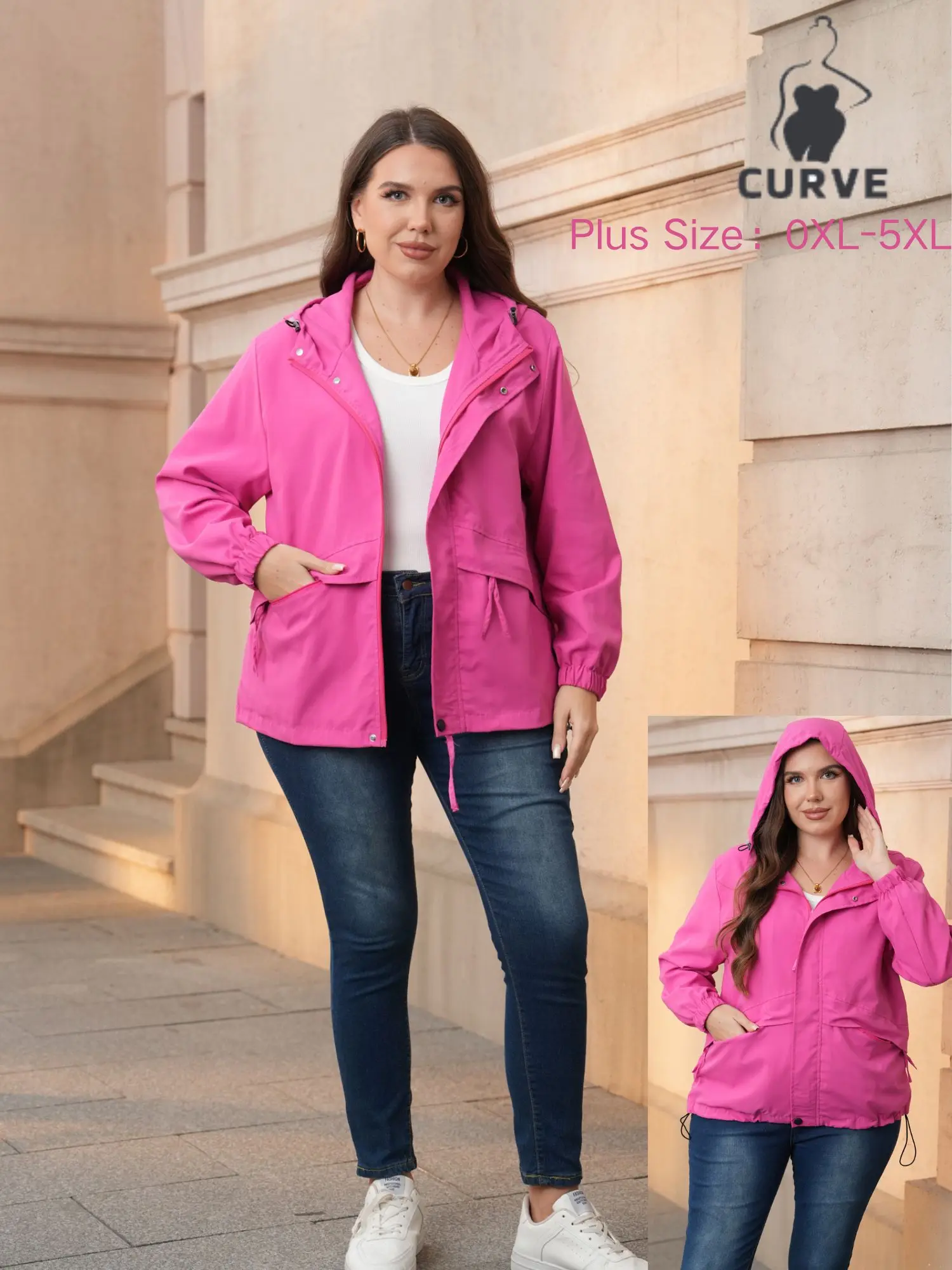 Damen-Kapuzenjacke in Übergröße mit Reißverschlusstasche, Kapuze mit Kordelzug und Saum für Outdoor-Sport, Wandern, Arbeit, Frühling, Herbst, Curve