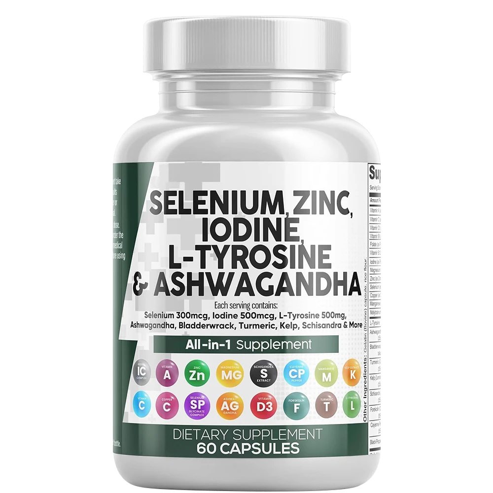 Selenium 300mcg Zinc 50mg Iodine 500mcg Ashwagandha 6000mg - Thyroid Supplement for Men and Women with Seaweed, Turmeric, Kelp