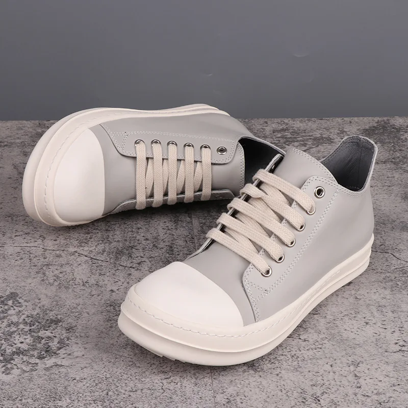 Men Casual Shoes Genuine Leather Grey Flats Lace Up Low Skateboard Sneakers Women Brand High Street Luxury Owen Designers Boots