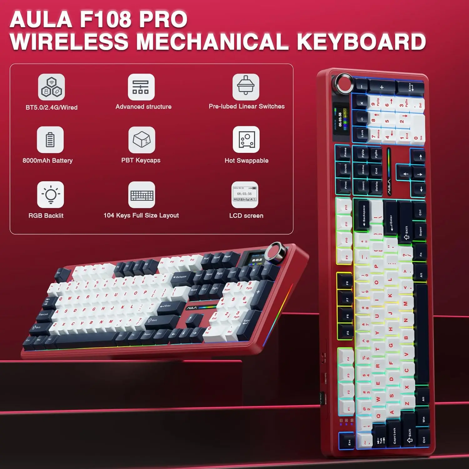 AULA F108 Pro Tri-Mode Mechanical Keyboard 100% Layout Hot-Swap Gasket RGB HIFI Multifunctional Display Gaming Keyboard for PC