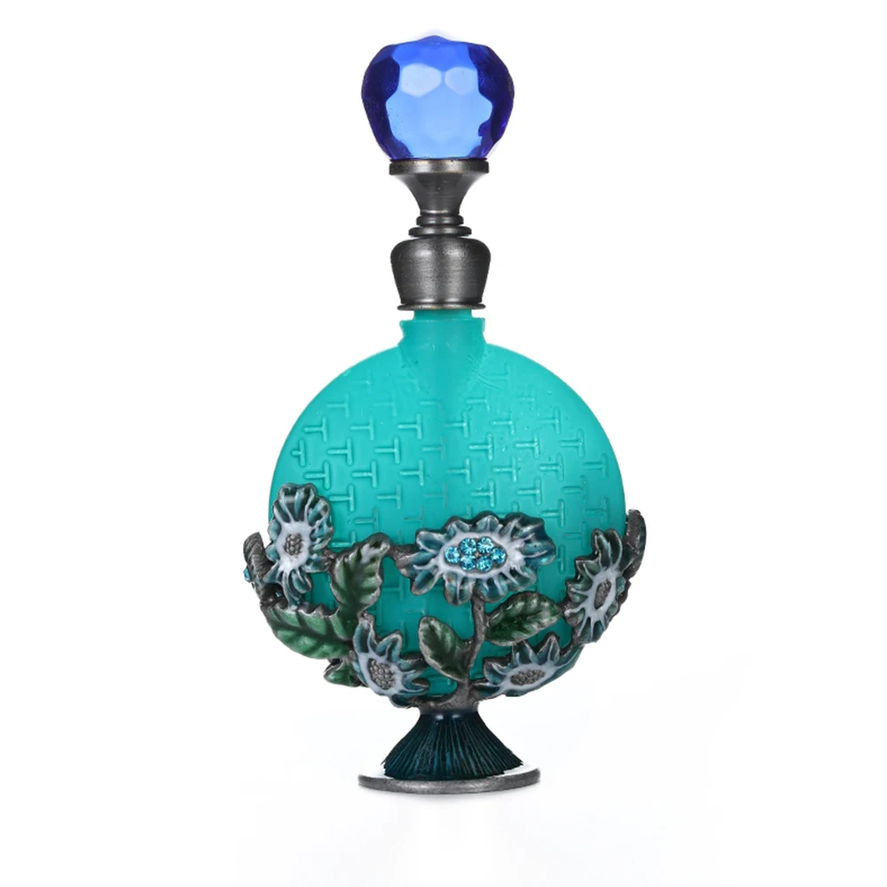 1pc Peacock Blue Vintage Perfume Bottle Gem Metal Embossed Flower Decor Sapphire Shape Cap Essential Oil Container Refillable