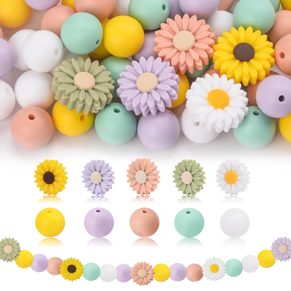 LOFCA 56Pcs Silicone sunflower beads 15mmSilicone beads For to make DIY keychain bracelets necklaces jewelry Fashion Accessories