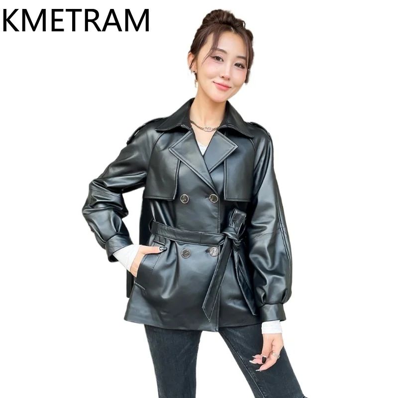 100% Top Layer of Sheepskin Jacket Woman Black Genuine Leather Jackets with Lace Up New in Outerwears Fall Clothes 2025 кожанка