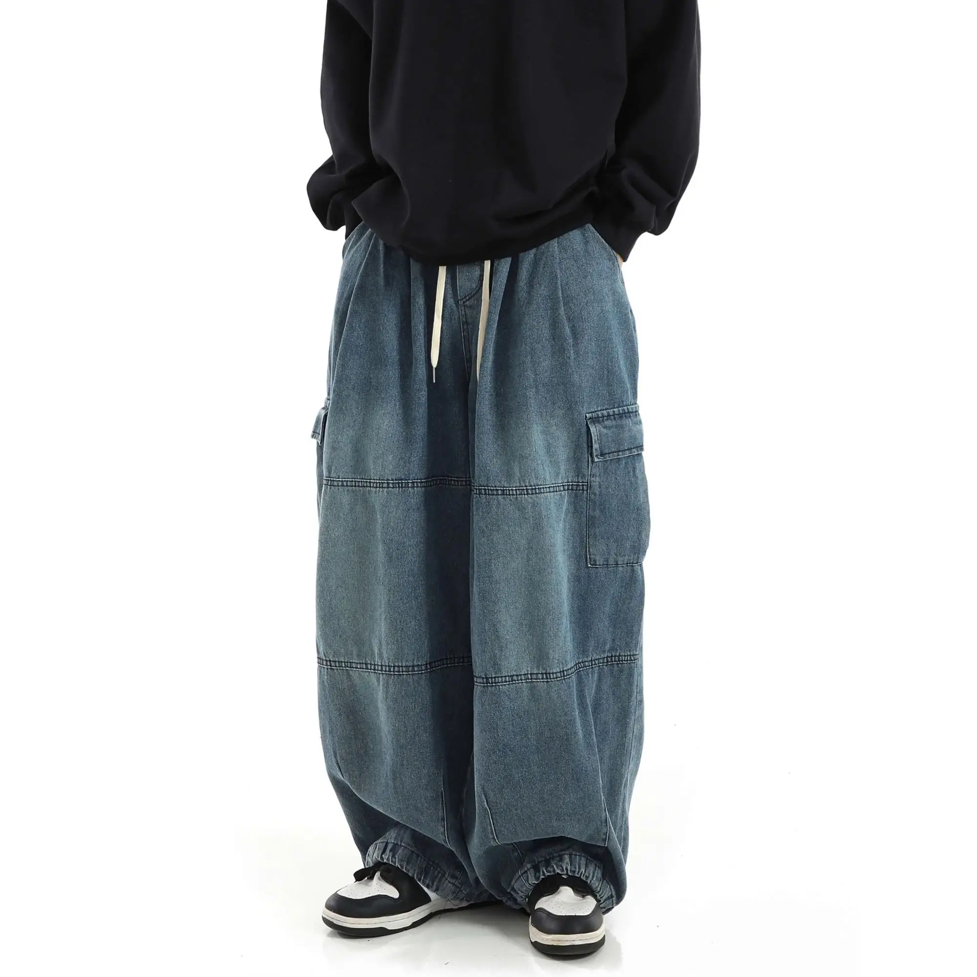 Schwarze Baggy-Cargohose für Herren, lässig, weites Bein, Jogginghose, Übergröße, Vintage, gerade, lockere Arbeitsjeanshose, weicher Komfort – Detail 17