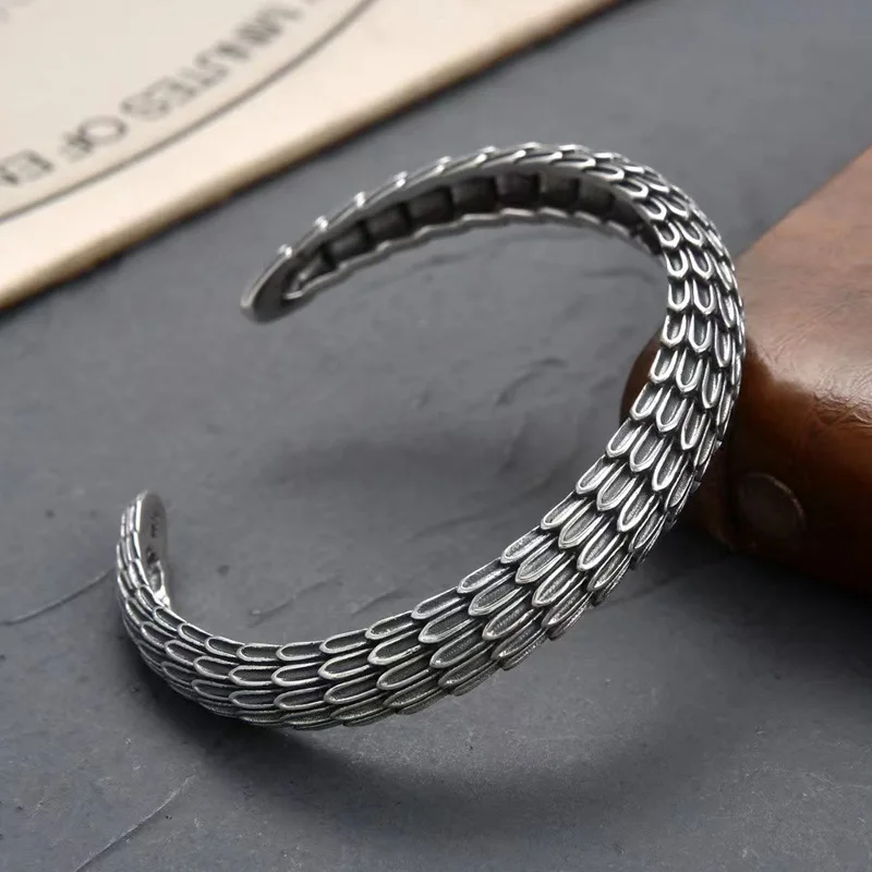 S925 Sterling Silver Domineering Vintage Dragon Scale Men's Bangle Simple Fashion Bracelet Gift Jewelry Accessories