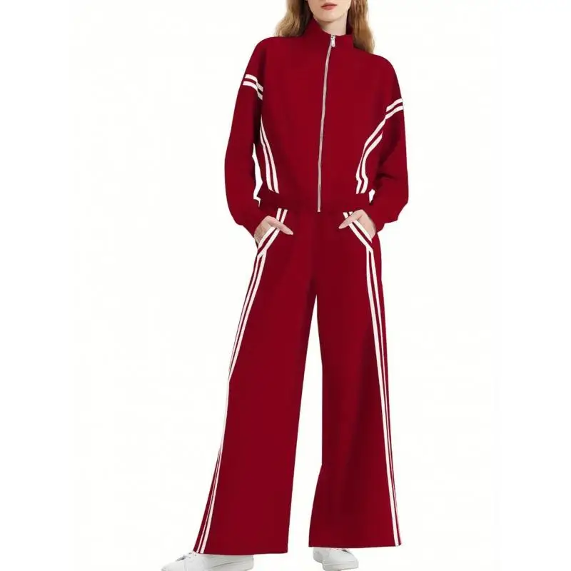 Roupas femininas de 2 peças com zíper, moletom Cleanfit Sle, cintura baixa, material PVC, calças casuais, adequado para meia-idade