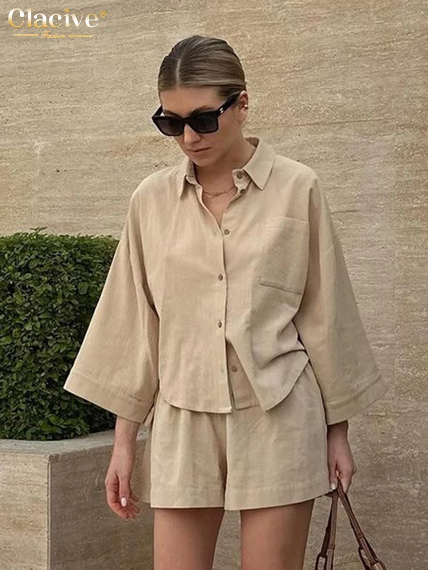 Clacive Elegant Loose Khaki Cotton 2 Piece Sets Women Outfit 2024 Fashion Long Sleeve Shirt With High Waist Shorts Set Female