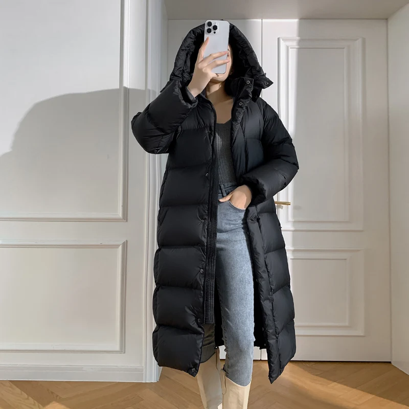 Chaqueta gruesa de plumón de ganso para mujer, Parka larga con capucha, abrigo informal de invierno, 30 ℃, 2024