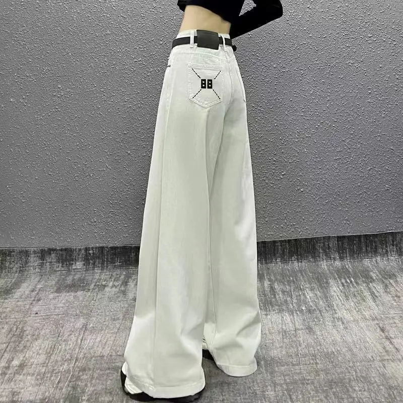 White Wide Leg Jeans Women's Spring New  American Pocket  High Waist Loose Look Slim Everything Straight  Tube Drop Feeling Mop