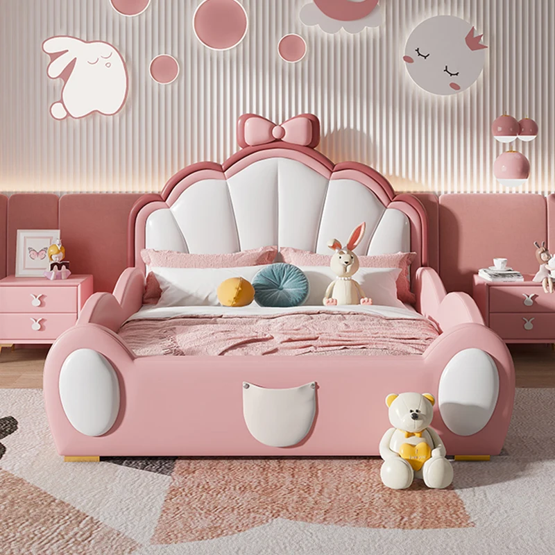 SAT. Princess Pink Leather Children's Bed Modern Upholstered Safe Children's Bed Simple Designer Popular Children's Bed with