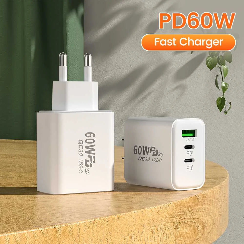 Cargador APD-60 de pared con 3 puertos USB, adaptador de carga rápida, + USB-A USB-C Dual, 60W, PD, QC3.0, enchufe europeo y estadounidense para teléfono inteligente