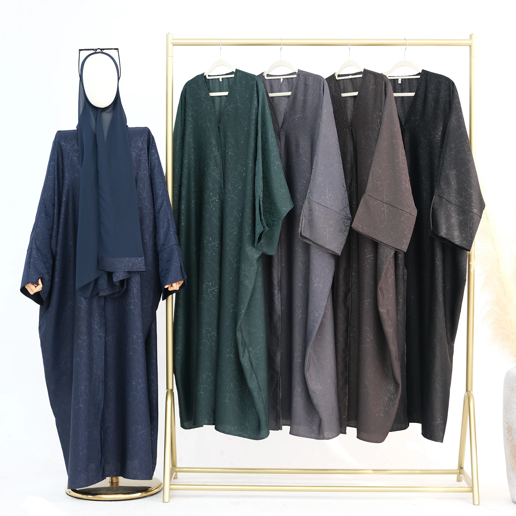 

Extra-Loose-Fit 3D Jacquard Satin Butterfly Kaftan Abaya-Batwing Sleeves, Snap Buttons Front. Ramadan Eid Muslim Women Abayas