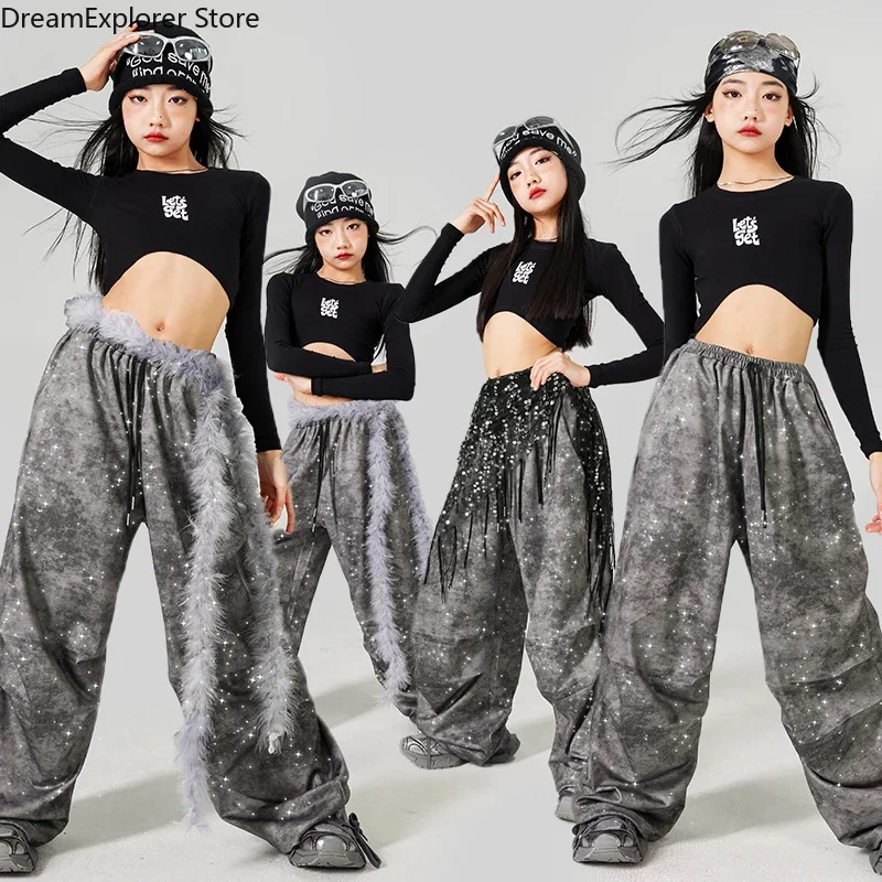 

Girls Cool Hip Hop Crop Top Shiny Loose Joggers Pants Children K-pop Fashion Girl Group Clothes Set Kids Streetwear Jazz Costume