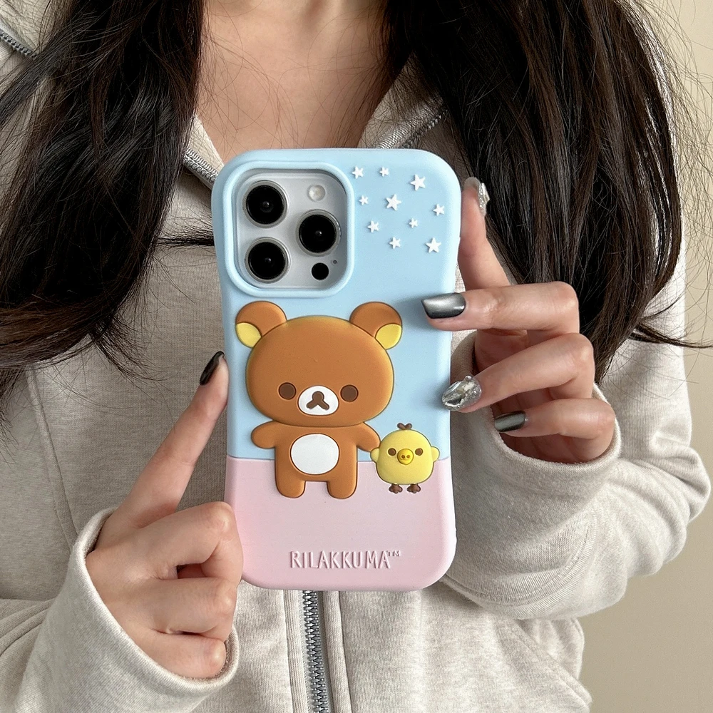 Niedliche Cartoon Rilakkuma Bär Handyhülle für iPhone 17 16 15 14 13 12 11 Pro Max 3D Stereoskopische Stoßfeste Weiche Silikonhülle