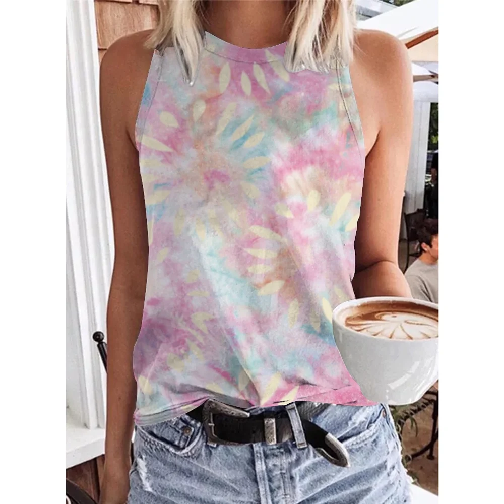 Summer Fashion Colorful Tie Dye 3D Print Tank Tops Women Streetwear Oversized O-Neck Vest Off Shoulder Sleeveless Woman Camisole