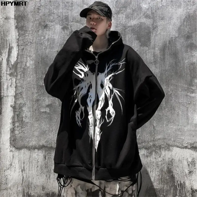 Autumn Fashion Punk Graphic Print Hip Hop Zipper Hoodie Men Women Harajuku Oversized Hooded Sweatshirt Gothic Vintage Streetwear