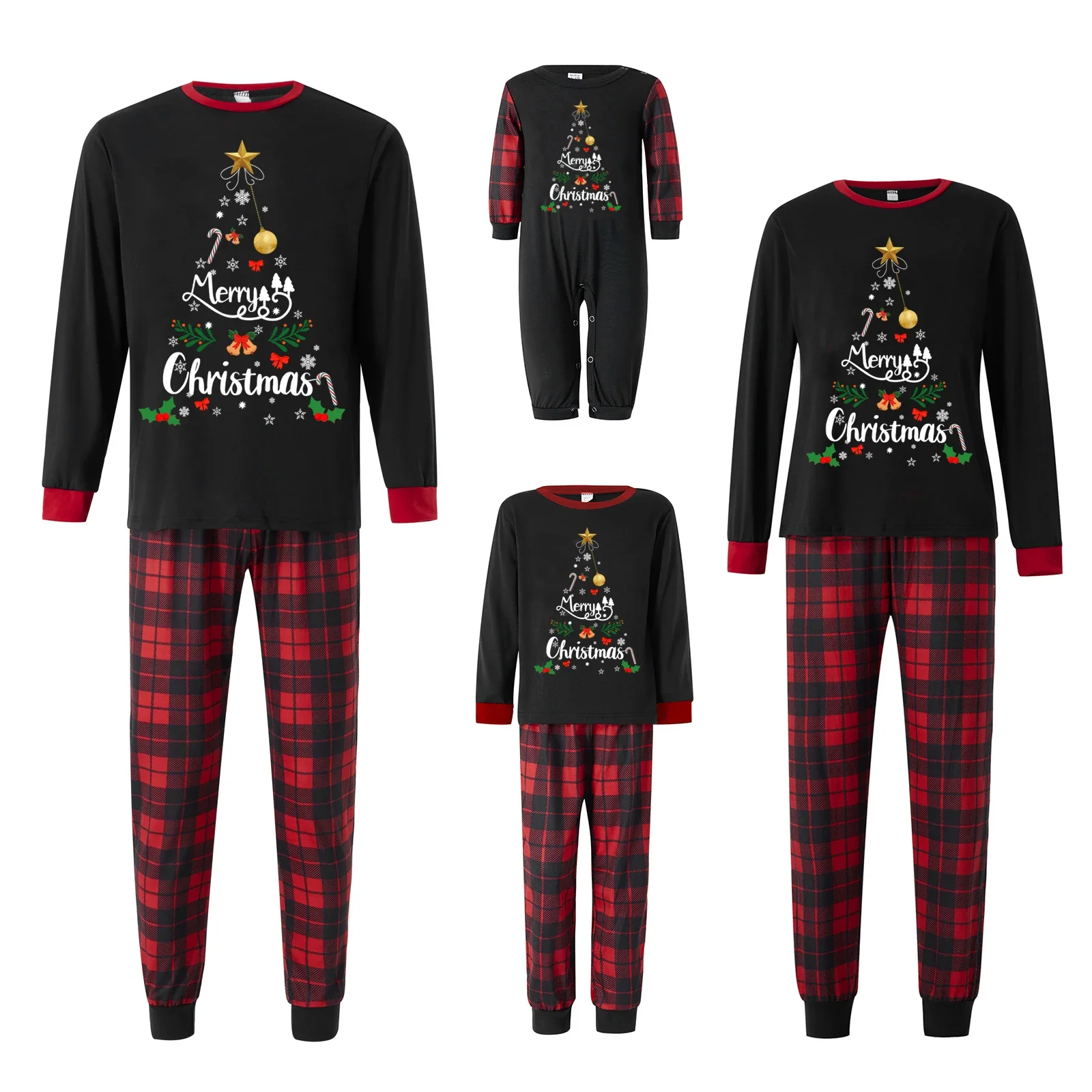 Family Matching Christmas Pajamas Letter & Snowflake Print Long-Sleeve Tops Plaid Trousers Sleepwear Xmas Pyjamas Homewear Sets