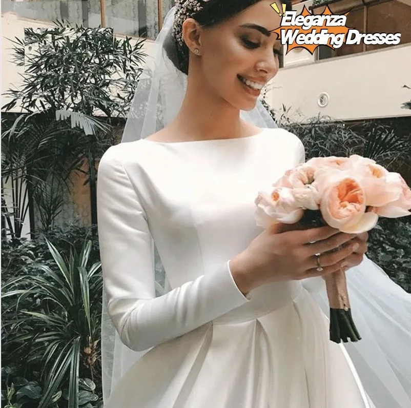 Customized Simple Vintage White Satin Wedding Dress Long Sleeves Princesa Bridal Gown Robe Mariée Vestidos De Novia 2025