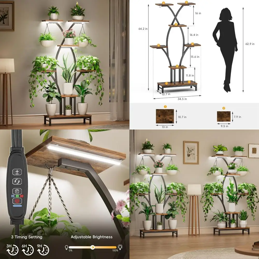 

7-Tier Indoor Metal Corner Plant Stand with Grow Lights for Multiple Plants, 63 Tall, Ideal for Home Gardening Enthusiasts